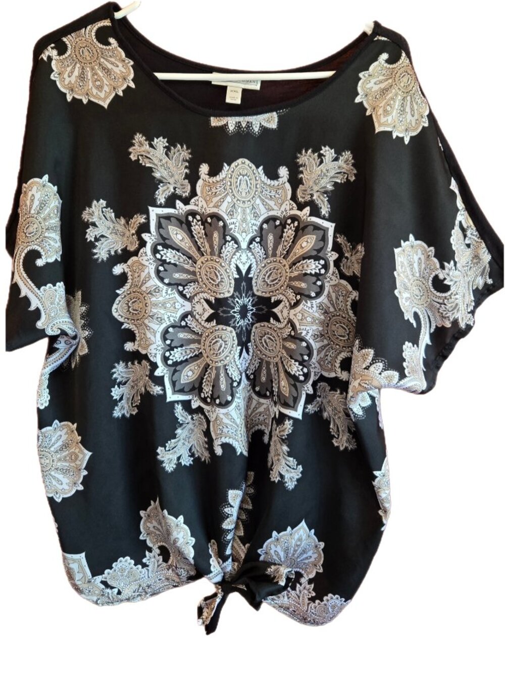 Dana Buchman Women's 2X Black & White Short Sleeve Top With Front Bottom Tie